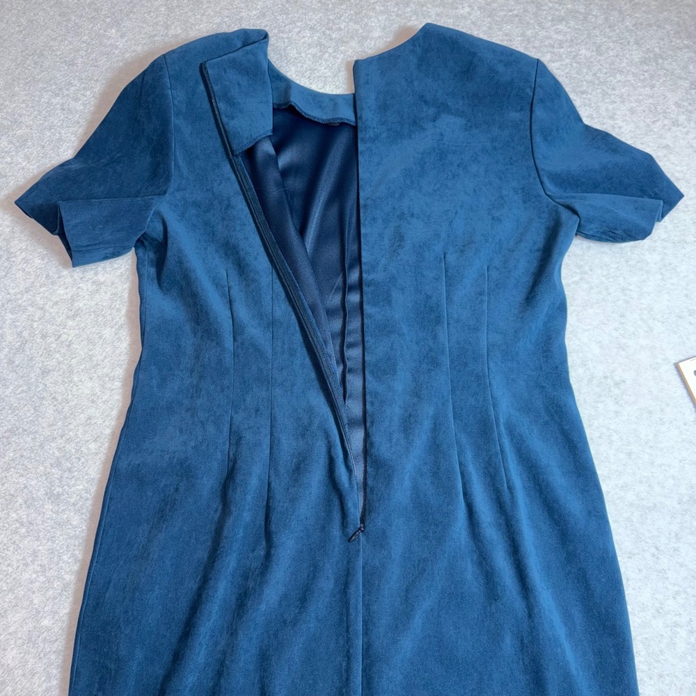 Vintage Worthington Sheath Dress 12P Dark Teal Faux Suede Pleated Short Sleeve - Picture 4 of 12